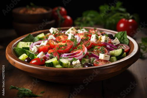 Greek salad on the wooden table
