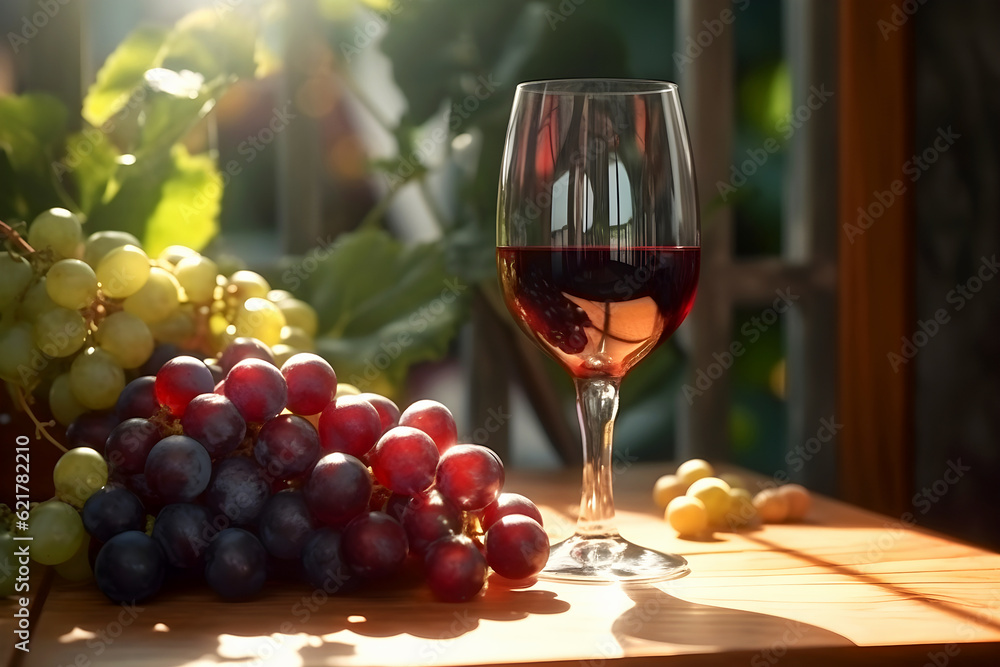 Glass of red wine and red and green grapes on table in sunlight. Harvesting and viticulture concept. Growing organic grapes for the production of red wine. Harvesting grapes