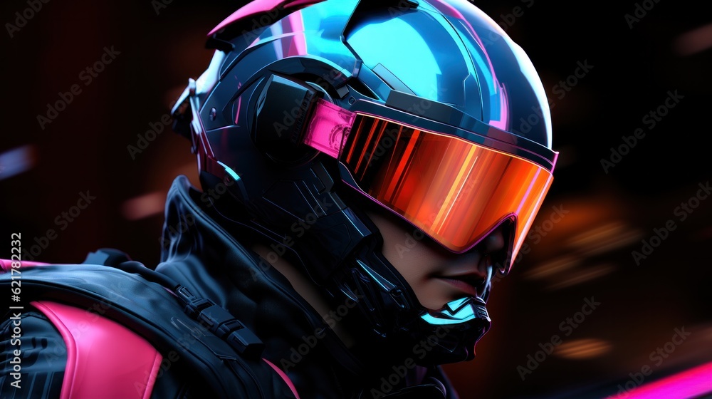 Fototapeta premium Close-up biker in the motorcycle helmet, visor reflecting neon light on dark background, cyberpunk concept.