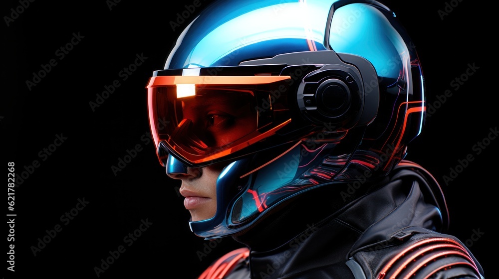 Fototapeta premium Close-up biker in the motorcycle helmet, visor reflecting neon light on dark background, cyberpunk concept.