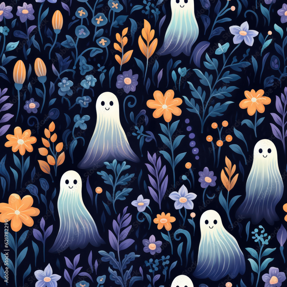 Ghosts and flowers, seamless pattern, halloween colourful repeating pattern Ghosts and flowers, seamless pattern, halloween colourful repeating pattern