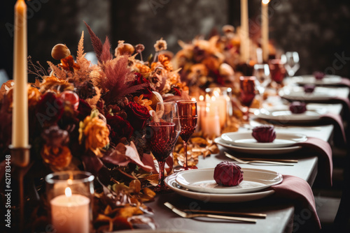 Wedding reception table decorated with fall-themed centrepieces and candles 