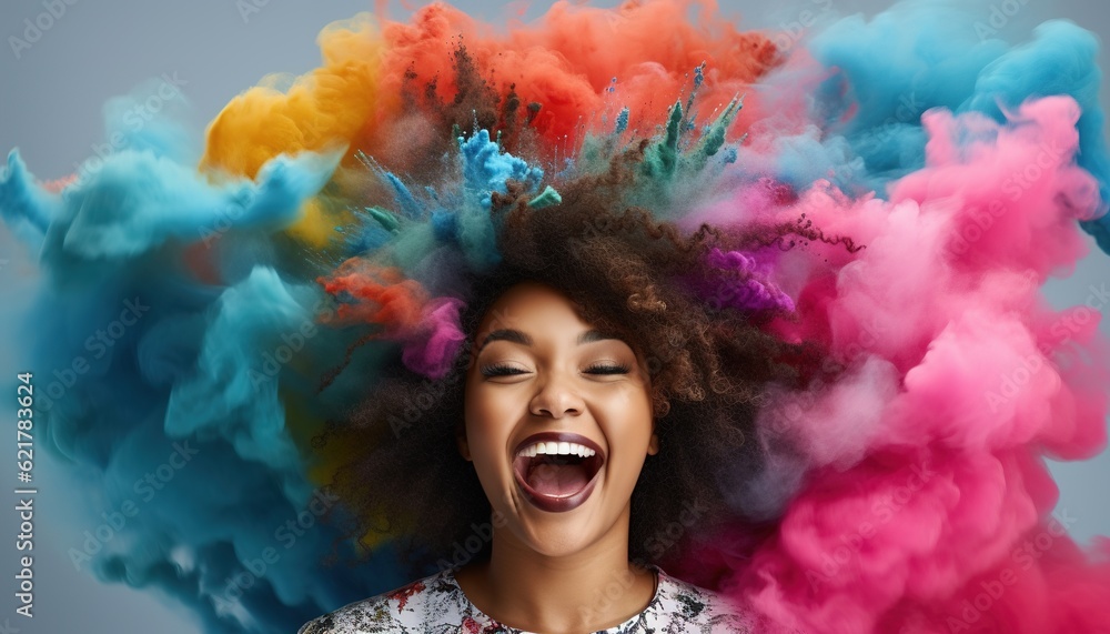 Happy black overweight woman smiling in a cloud of colorful smoke, color explosion, holi,  body-positivity, self loving plus size, having fun, colors, LGBTQ+, party, peace, inclusive, beauty,