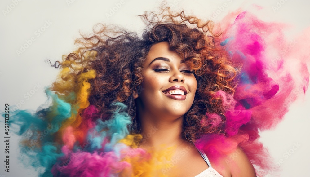 Happy black overweight woman smiling in a cloud of colorful smoke, color explosion, holi, body-positivity, self loving plus size, having fun, colors, LGBTQ+, party, peace, inclusive, beauty, Happy black overweight woman smiling in a cloud of colorful smoke, color explosion, holi, body-positivity, self loving plus size, having fun, colors, LGBTQ+, party, peace, inclusive, beauty,