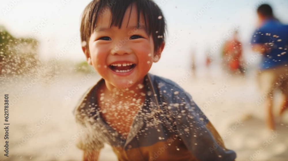 ビーチで楽しく遊ぶ子供 男の子 portrait of a child boy having a fun at beach. Created by generative AI ビーチで楽しく遊ぶ子供 男の子 portrait of a child boy having a fun at beach. Created by generative AI