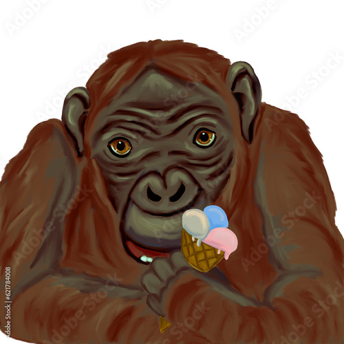 Hand drawn, summer monkey and ice cream (ID: 621784008)