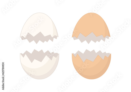 Cracked and broken white and brown eggshells. Vector and PNG illustration on transparent background.	