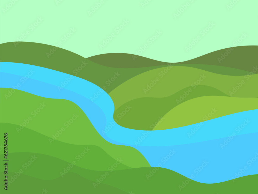 Green fields and a river in a minimalist style. Wavy landscape of meadows and plains. Typographic boho decor for prints, posters and interior design. Modern mid-century decor. Vector illustration