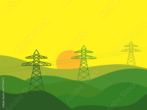 Power lines at sunset. Wavy landscape in a minimalist style with power pylons. Transmission towers and green fields . Design for posters, prints and banners. Vector illustration