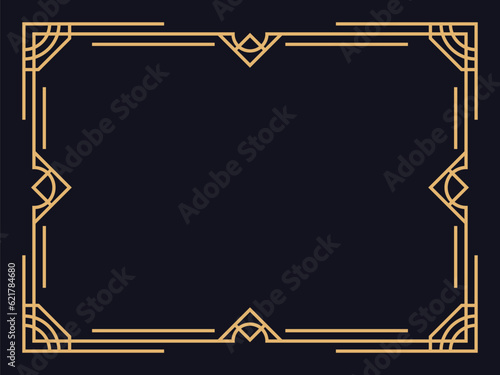 Art deco frame. Vintage linear border in gold color on a black background. Design a template for invitations, leaflets and greeting cards. The style of the 1920s - 1930s. Vector illustration