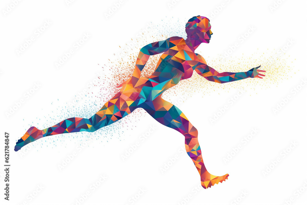 Silhouette of a running man crafted entirely from vibrant and colorful triangles, creating a dynamic prism effect against a clean white background. Ai generated