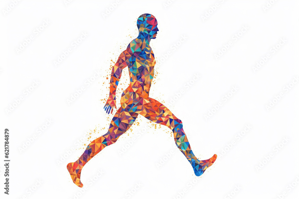 Silhouette of a running man crafted entirely from vibrant and colorful triangles, creating a dynamic prism effect against a clean white background. Ai generated Silhouette of a running man crafted entirely from vibrant and colorful triangles, creating a dynamic prism effect against a clean white background. Ai generated