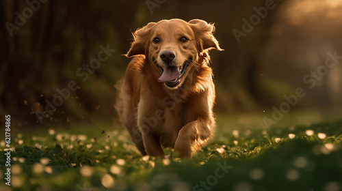 Golden retriever dog is running in meadow with enjoying and fun for exercise and play , Generative AI