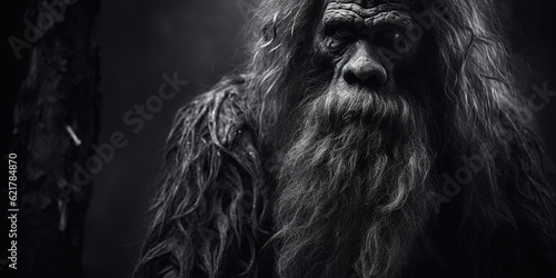 Black and white portrait of a Bigfoot wood ape in a North American forest at night. Sasquatch in the woods banner. Generative AI illustration © JoelMasson