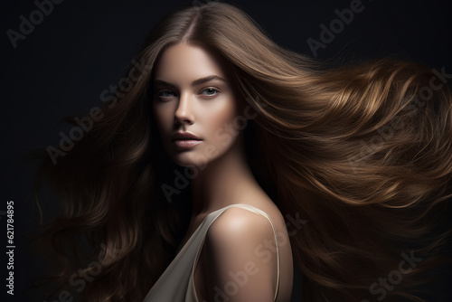 portrait of supermodel silky blonde hair extensions with a side part in studio background, keratin and a hair care, Generative AI