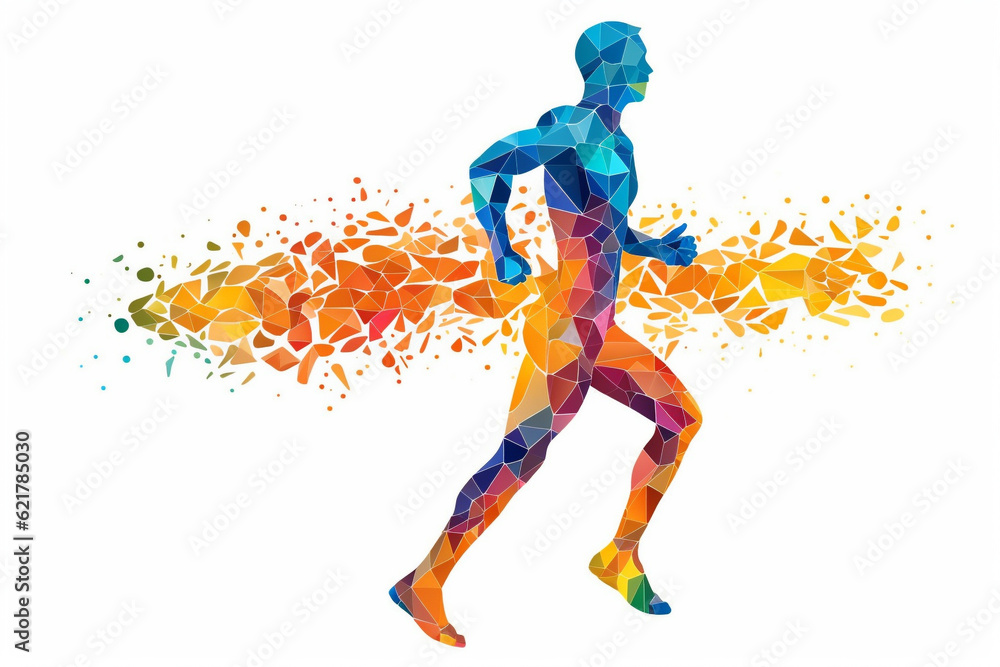 Silhouette of a running man crafted entirely from vibrant and colorful triangles, creating a dynamic prism effect against a clean white background. Ai generated Silhouette of a running man crafted entirely from vibrant and colorful triangles, creating a dynamic prism effect against a clean white background. Ai generated