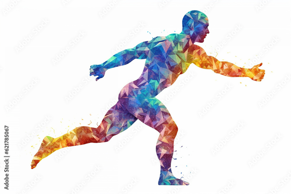 Silhouette of a running man crafted entirely from vibrant and colorful triangles, creating a dynamic prism effect against a clean white background. Ai generated