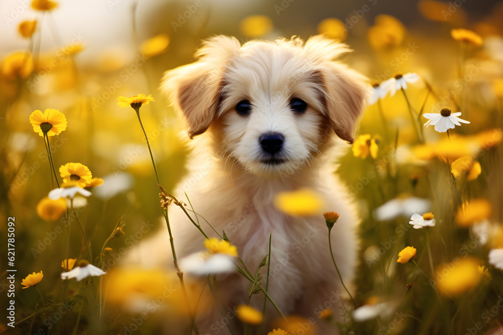 portrait of a puppy in the field flowers meadow