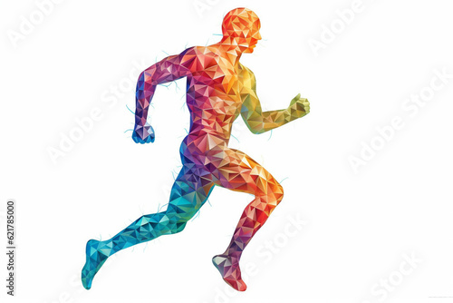 Silhouette of a running man crafted entirely from vibrant and colorful triangles  creating a dynamic prism effect against a clean white background. Ai generated