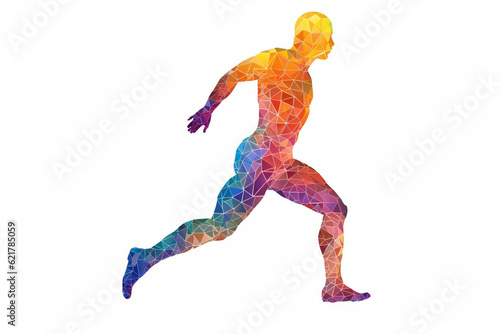 Silhouette of a running man crafted entirely from vibrant and colorful triangles, creating a dynamic prism effect against a clean white background. Ai generated