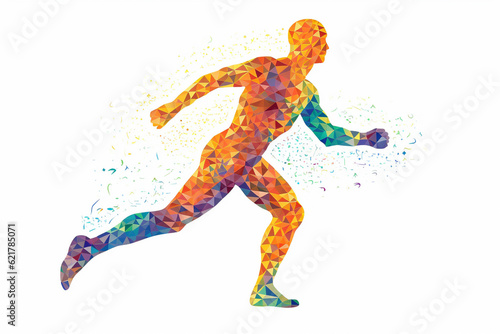 Silhouette of a running man crafted entirely from vibrant and colorful triangles  creating a dynamic prism effect against a clean white background. Ai generated
