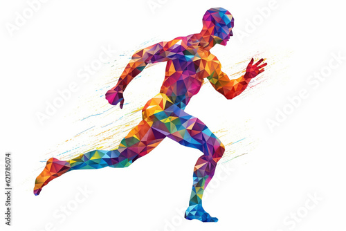 Silhouette of a running man crafted entirely from vibrant and colorful triangles, creating a dynamic prism effect against a clean white background. Ai generated © twindesigner