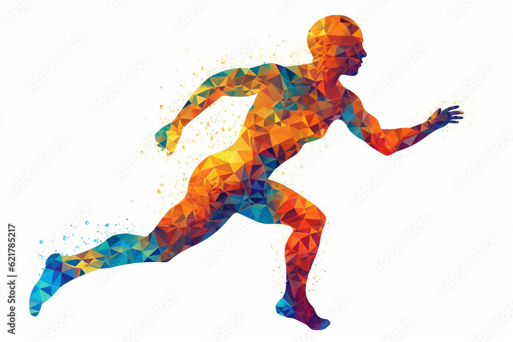 Silhouette of a running man crafted entirely from vibrant and colorful triangles, creating a dynamic prism effect against a clean white background. Ai generated Silhouette of a running man crafted entirely from vibrant and colorful triangles, creating a dynamic prism effect against a clean white background. Ai generated