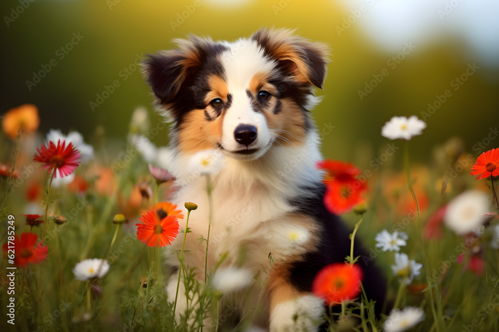 portrait of a puppy in the field flowers meadow