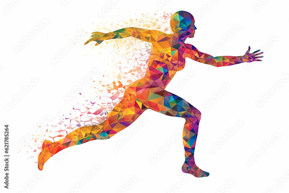 Silhouette of a running man crafted entirely from vibrant and colorful triangles, creating a dynamic prism effect against a clean white background. Ai generated Silhouette of a running man crafted entirely from vibrant and colorful triangles, creating a dynamic prism effect against a clean white background. Ai generated