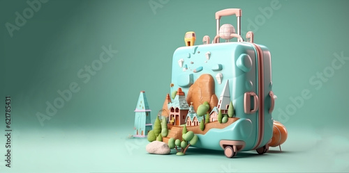 Green pastel baggage suitcase with cloud on green background ready for going aboard and a travel on holiday , Generative AI