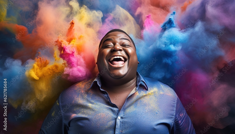 Happy black overweight man smiling in a cloud of colorful smoke, color explosion, holi, body-positivity, self loving plus size, having fun, colors, peace, inclusive, beauty, Generative AI Happy black overweight man smiling in a cloud of colorful smoke, color explosion, holi, body-positivity, self loving plus size, having fun, colors, peace, inclusive, beauty, Generative AI