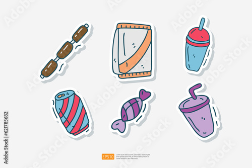 beef sausage, potato chips package, Taiwanese bubble milk tea, cola soda, sweet candy, cold drink cup doodle icon. Fast food Cute doodle. Cuisine and drink Sticker Set Vector Illustration