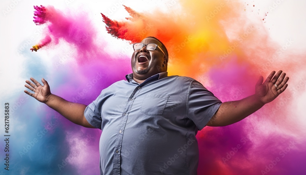 Happy black overweight man smiling in a cloud of colorful smoke, color explosion, holi, body-positivity, self loving plus size, having fun, colors, peace, inclusive, beauty, Generative AI Happy black overweight man smiling in a cloud of colorful smoke, color explosion, holi, body-positivity, self loving plus size, having fun, colors, peace, inclusive, beauty, Generative AI