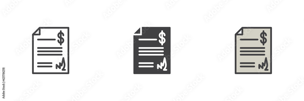 Financial contract document different style icon set Financial contract document different style icon set