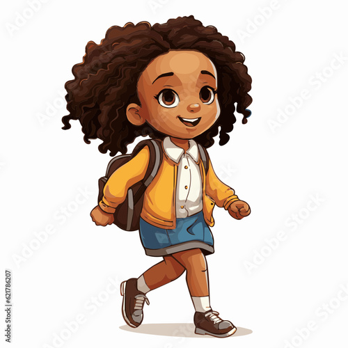 simple cartoon clipart black african american girl student child going to school white background
