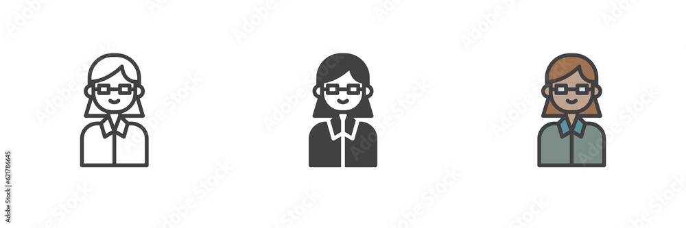 Female lawyer person different style icon set Female lawyer person different style icon set