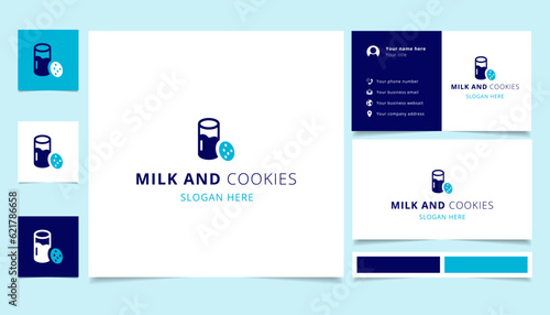 Milk and cookies logo design with editable slogan. Branding book and business card template.