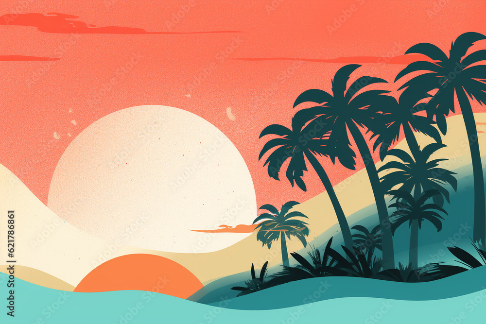Summer illustration featuring a vibrant background adorned with flat design vector style elements. From palm trees swaying in the gentle breeze to playful waves and dreamy skies. Ai generated Summer illustration featuring a vibrant background adorned with flat design vector style elements. From palm trees swaying in the gentle breeze to playful waves and dreamy skies. Ai generated