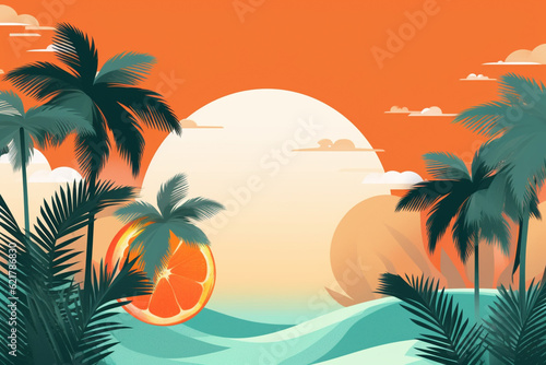 Summer illustration featuring a vibrant background adorned with flat design vector style elements. From palm trees swaying in the gentle breeze to playful waves and dreamy skies. Ai generated