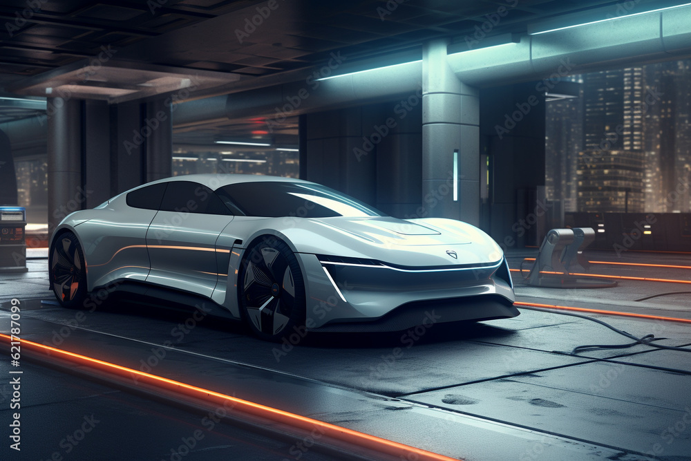 Futuristic electric car parked in a modern, underground, and futuristic parking facility. Ai generated Futuristic electric car parked in a modern, underground, and futuristic parking facility. Ai generated