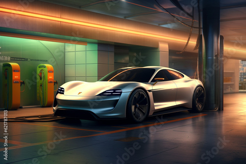 Futuristic electric car parked in a modern  underground  and futuristic parking facility. Ai generated