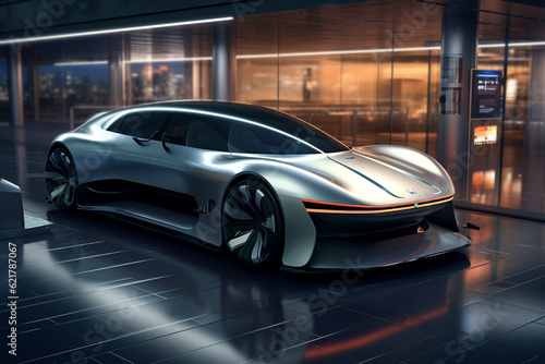 Futuristic electric car parked in a modern, underground, and futuristic parking facility. Ai generated © twindesigner