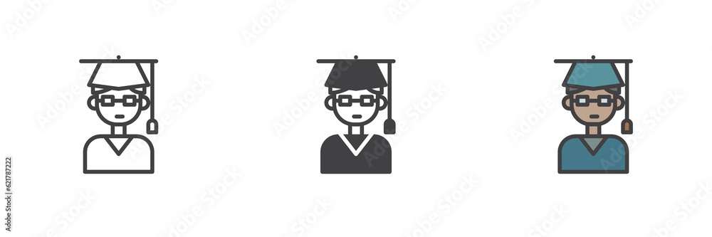 Student with graduation cap different style icon set Student with graduation cap different style icon set