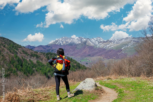 hiker walks on the trail near Argeles Gazost  France