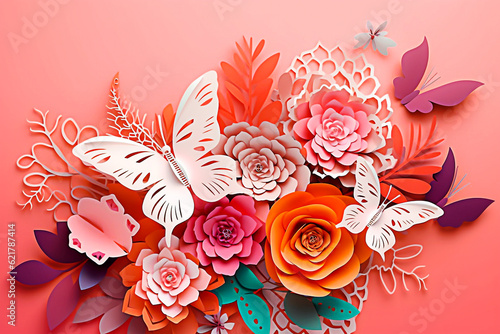 Pink Rose Paper flowers and butterfly on a beige background. papercraft. Selective focus. © Slava