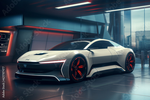 Futuristic electric car parked in a modern, underground, and futuristic parking facility. Ai generated © twindesigner