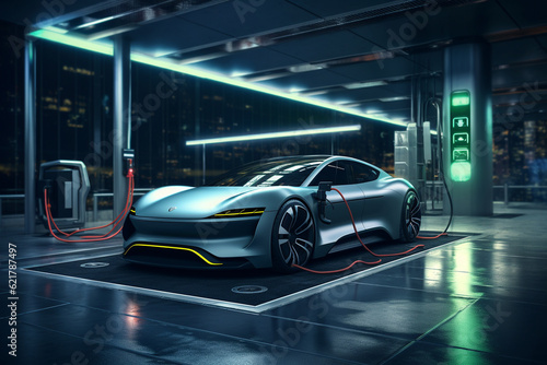 Futuristic electric car parked in a modern, underground, and futuristic parking facility. Ai generated