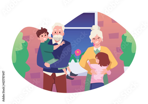 Happy grandparents and children flat style, vector illustration