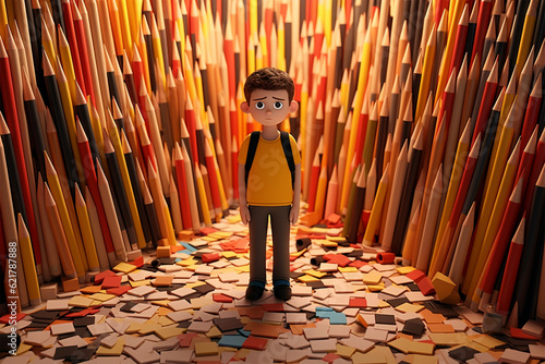 boy stands in front of a pile of pencils 3d cartoon generative ai