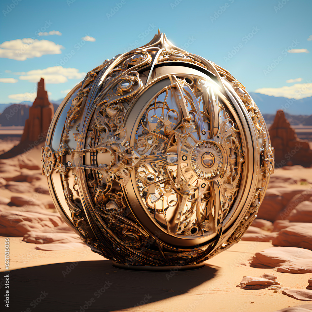 A sphere decorated with metallic ornaments in the desert
